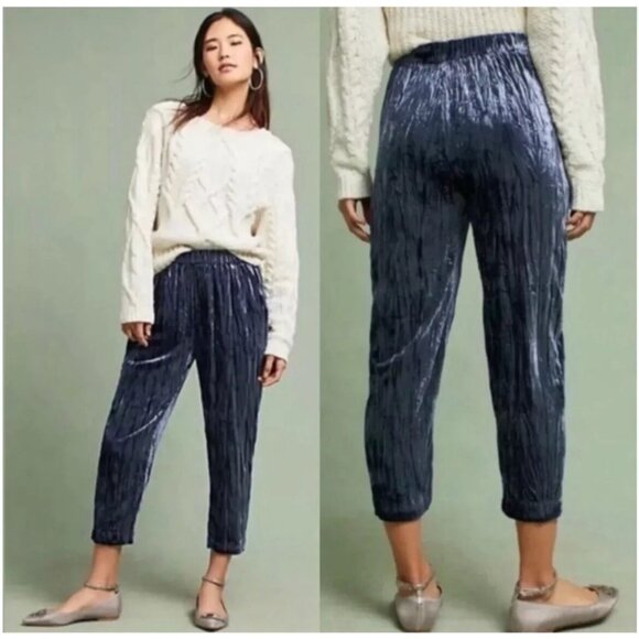 ETT:TWA ANTHROPOLOGIE Kinley Crushed Velvet Crop Jogger Pant Elastic‎ LG Blue - Picture 1 of 11